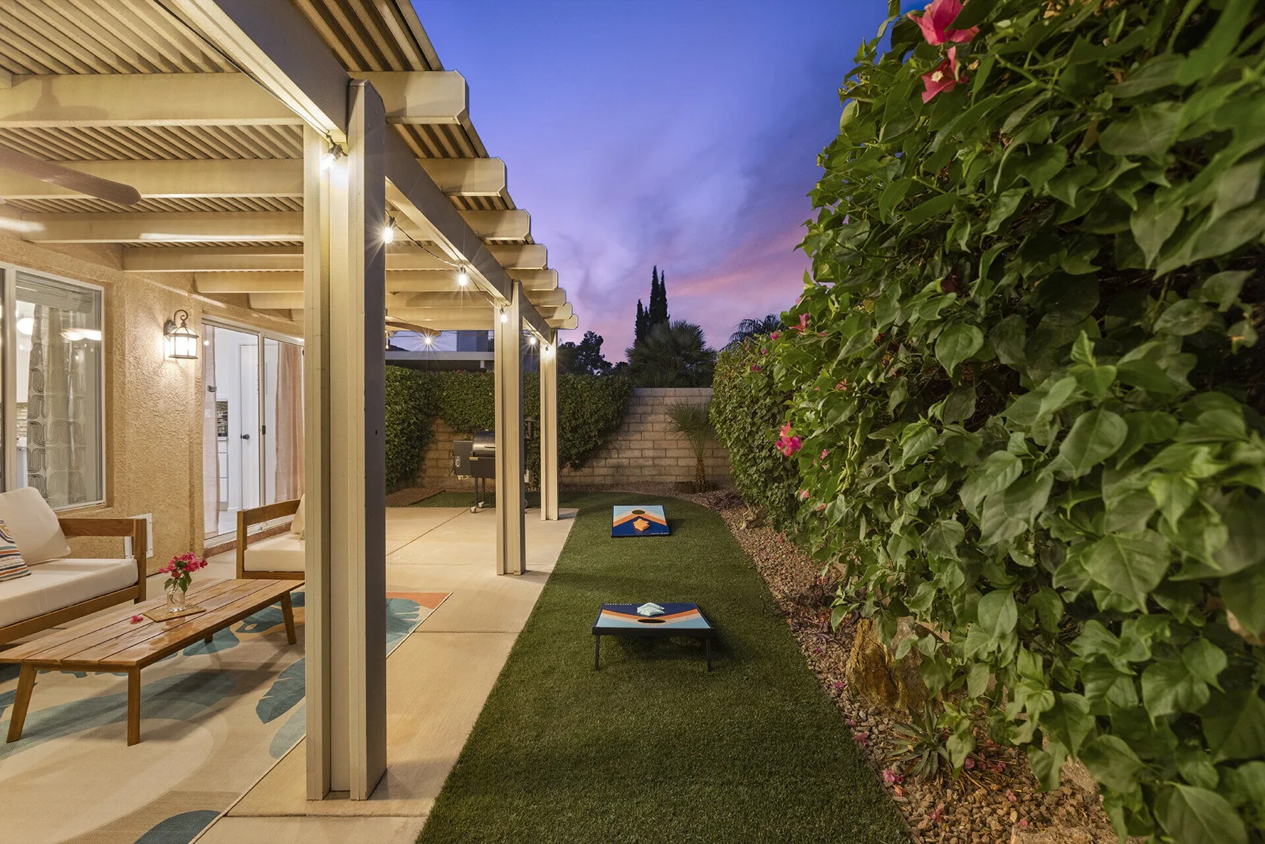 The Cozy Cactus backyard in Indio CA with private outdoor space for vacation rental guests