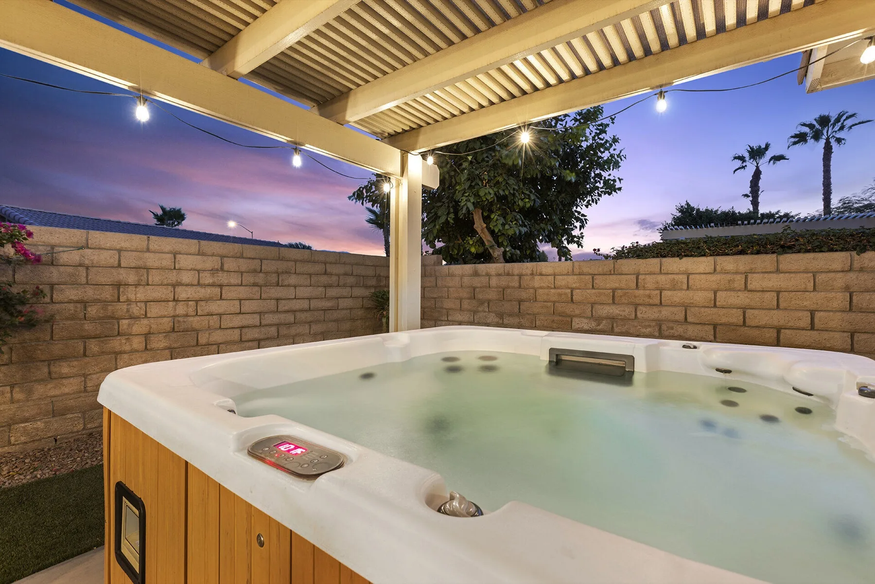 Hot tub at Cozy Cactus vacation rental in Indian Palms Country Club Indio CA under desert sky