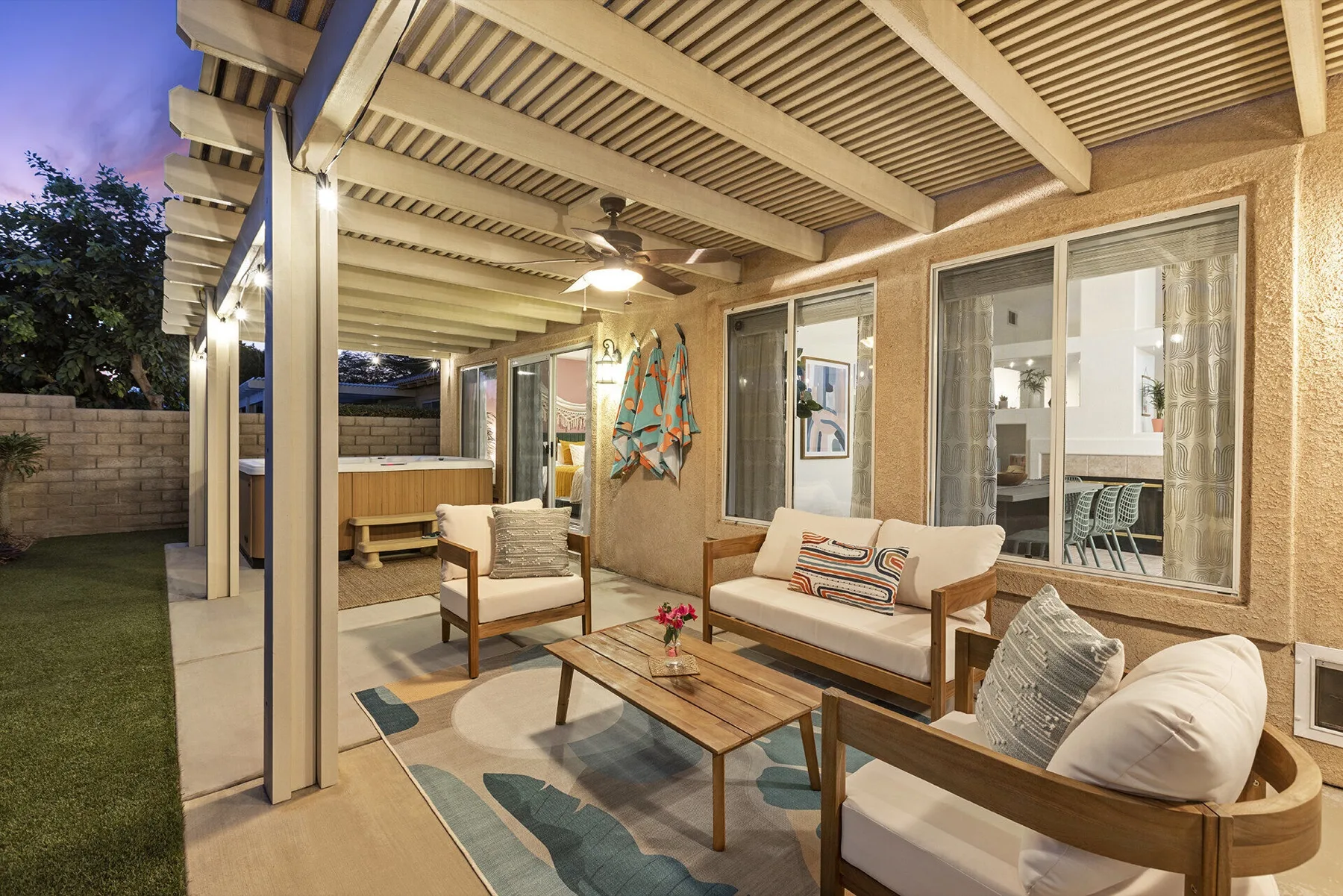 Outdoor patio furniture at The Cozy Cactus vacation rental in Indio designed for desert heat