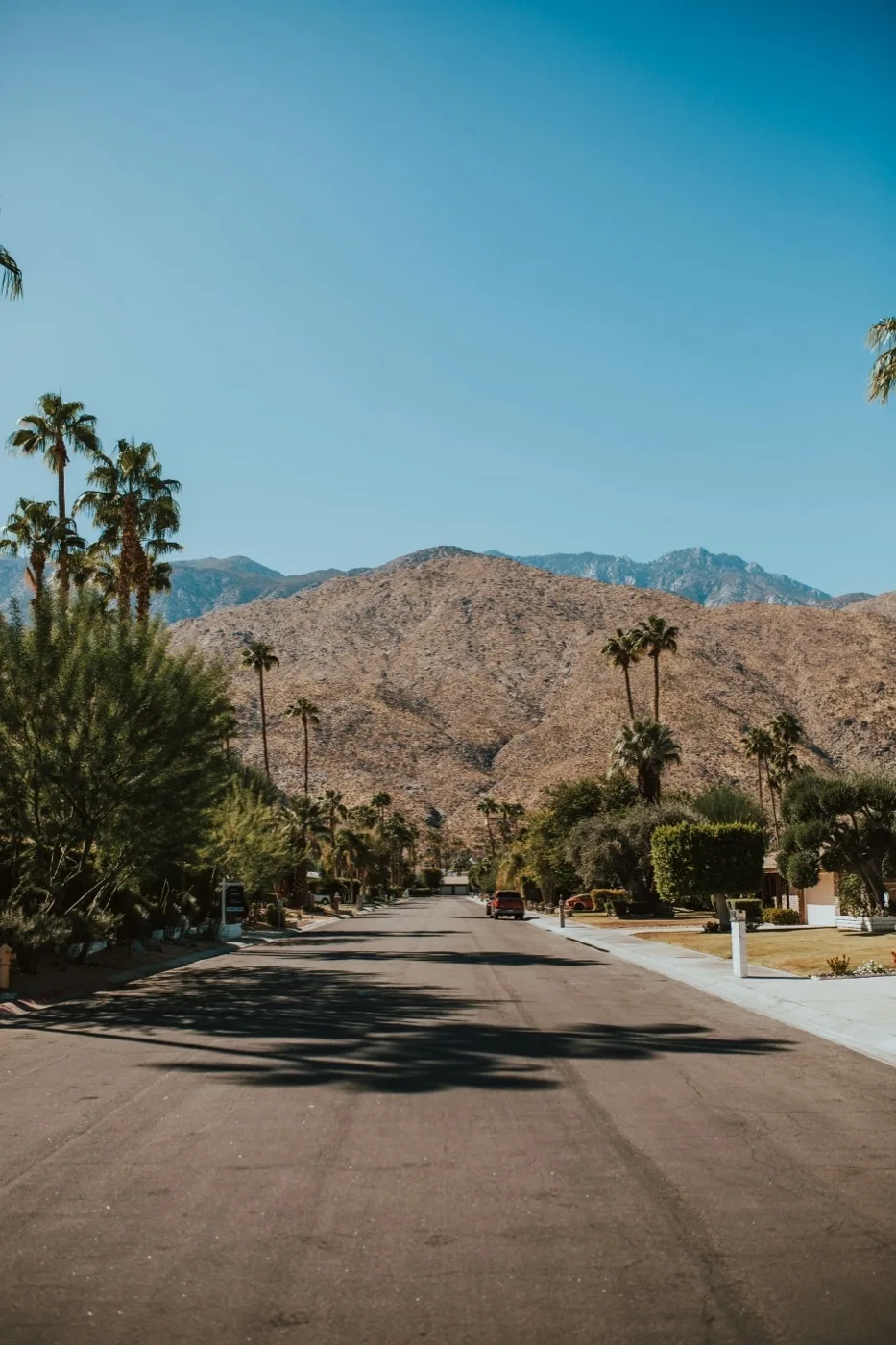 Palm Springs street view with San Jacinto Mountains in the background, evening light