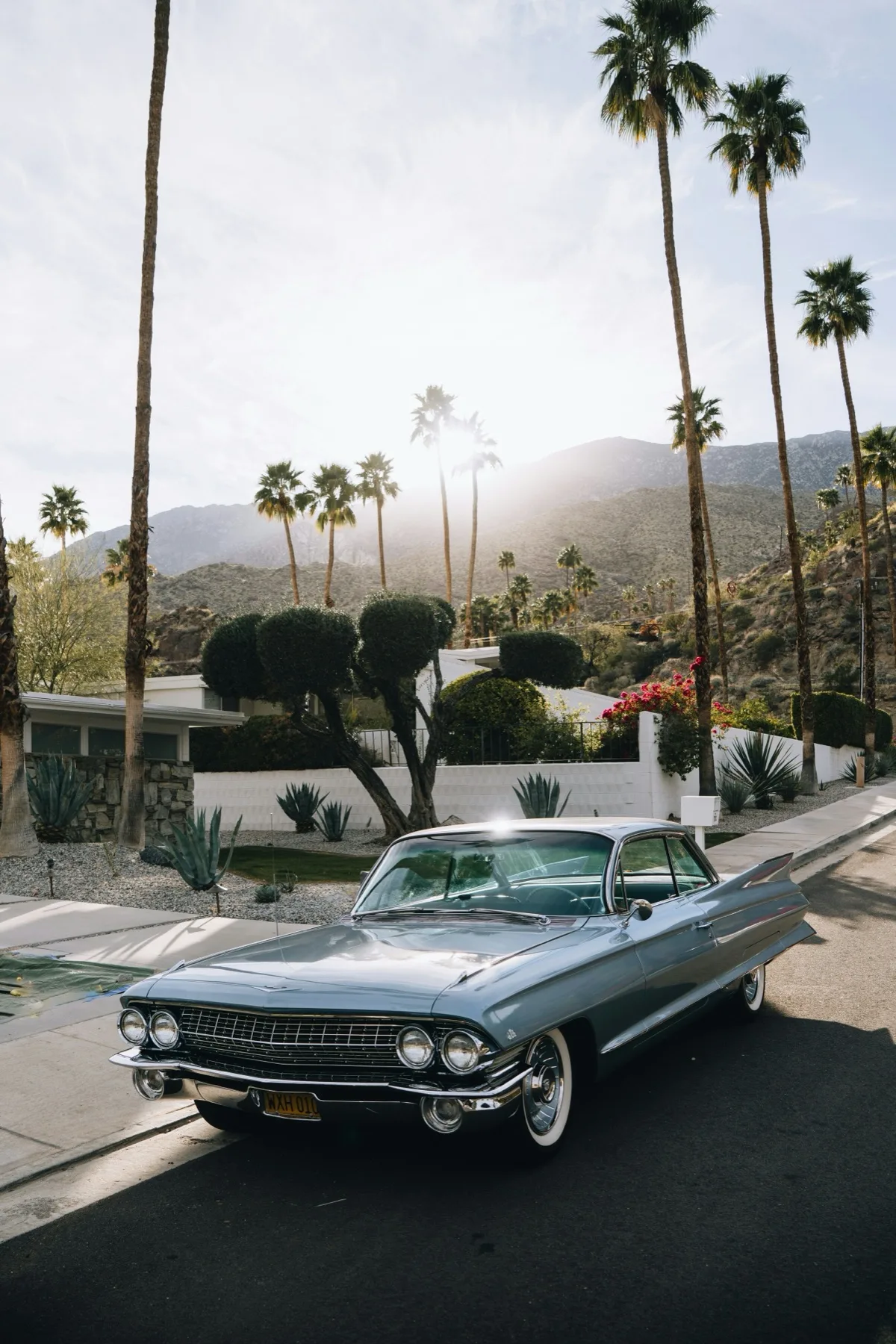 Vintage silver Cadillac parked on a Palm Springs street with palm trees and mountains