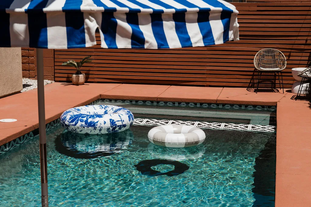 Terra Luz pool with floats in Indio California, bachelorette and group vacation rental near Coachella
