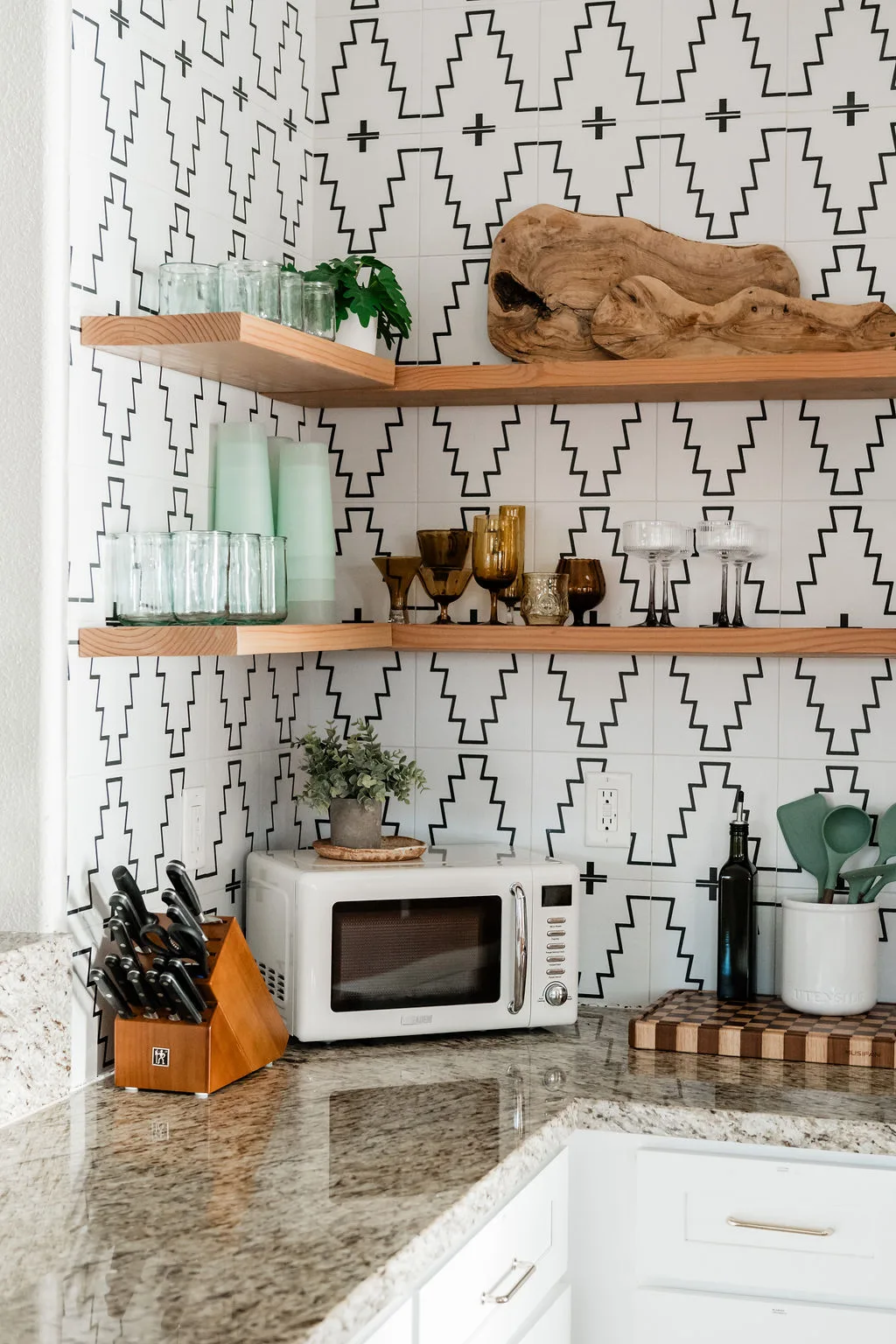 Terra Luz kitchen detail showing warm afternoon light on tile and wood surfaces